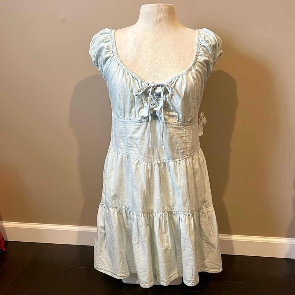 NWT Nordstrom BP Women’s Light Blue Shirred Puff Sleeve Cute Cotton Dress Sz M